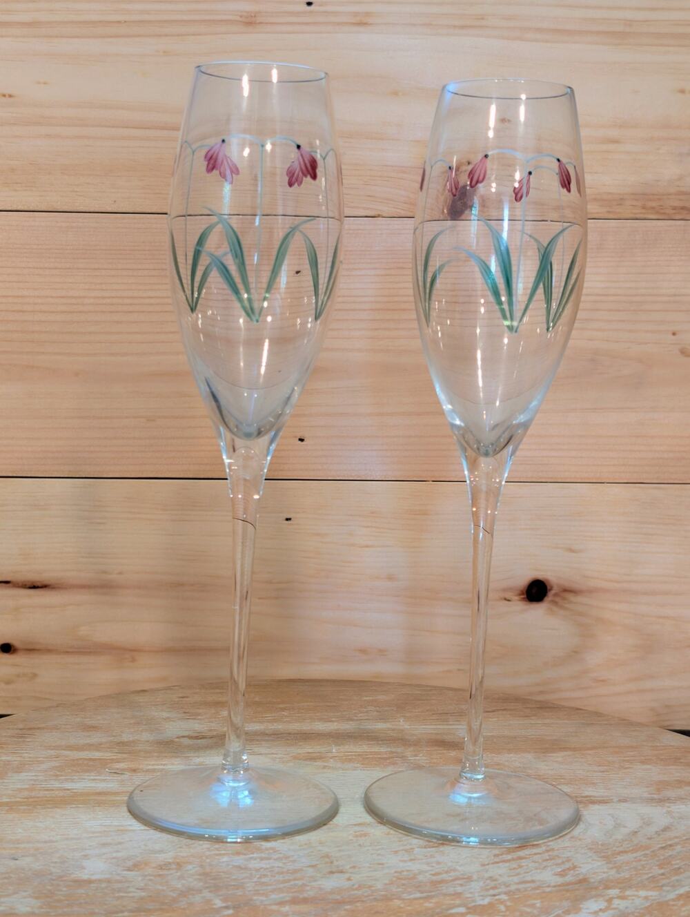 Set of 2 Hand Painted Floral Champagne Flutes - Elegant Long Stem - Pink Flower
